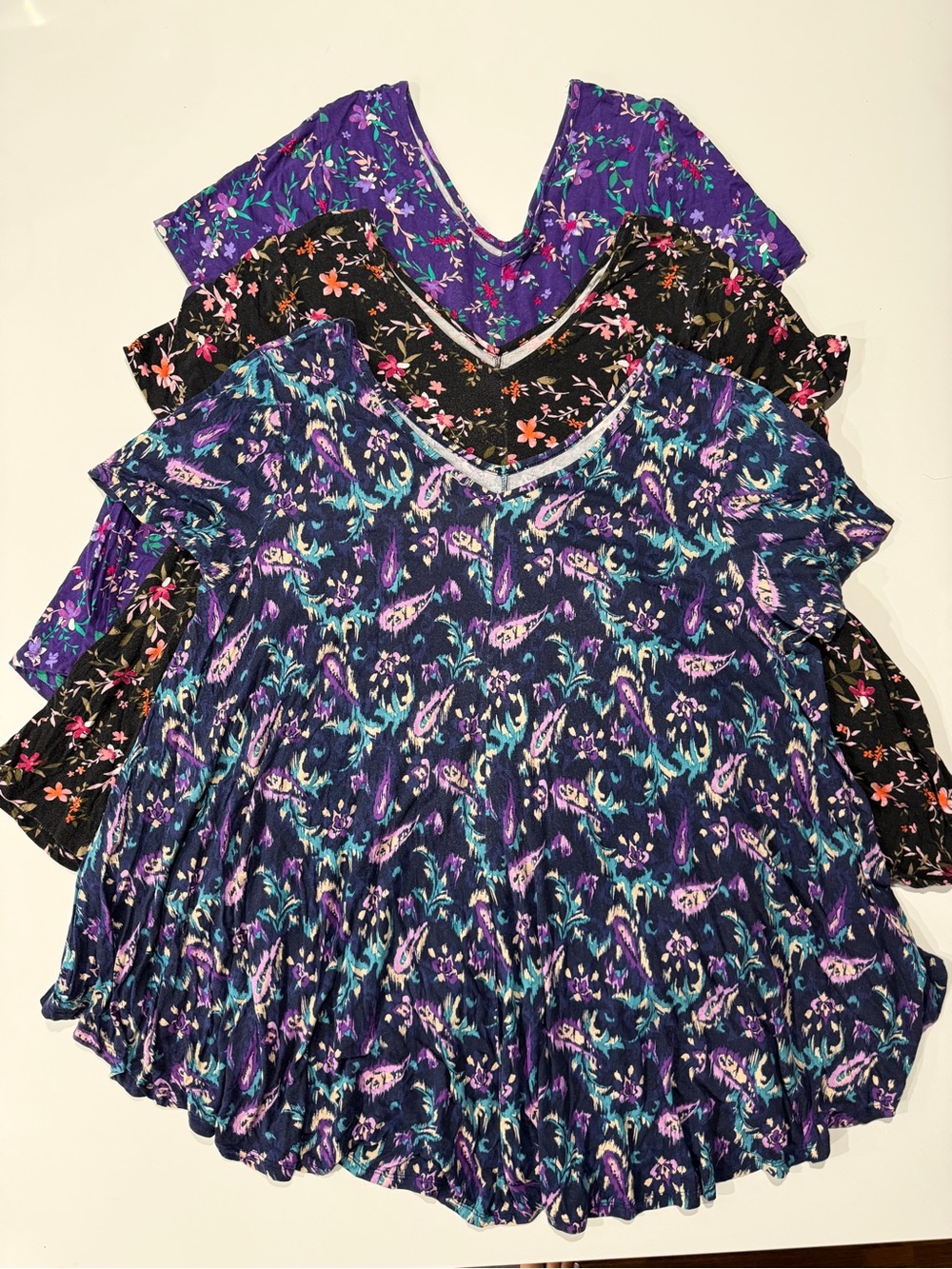 Roaman's Mixed Floral v Neck Tops in Purple, Black & Navy
